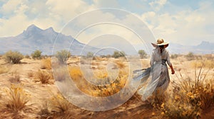 Romanticized Watercolor Portrait Of A Woman In The Desert