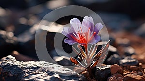 Romanticized Wilderness: A Stunning Backlit Flower Amidst Black And Red Rocks