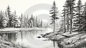 Romanticized Wilderness: White River Sketch Pencil Drawing By Nene