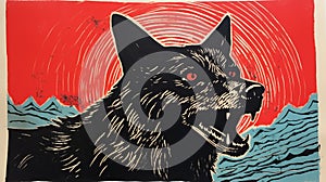 Romanticized Woodcut Of A Black Dog With Red Eyes On Red Background