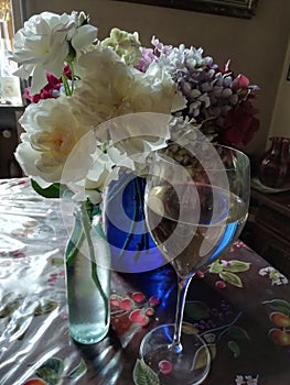  Pastel romantic old roses  hydrangeas and wine photo