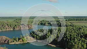 Romantsevo hills and lakes in Tula oblast drone aerial pan shot