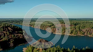 Romantsevo hills and lakes in Tula oblast drone aerial zoom in