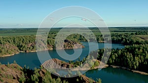 Romantsevo hills and lakes in Tula oblast drone aerial zoom out