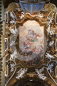 Rome - The ceiling fresco Triumph of Virgin in church Chiesa di Santa Maria della