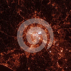 Rome city lights map, top view from space. Aerial view on night street lights. Global networking, cyberspace