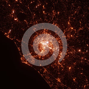 Rome city lights map, top view from space. Aerial view on night street lights. Global networking, cyberspace