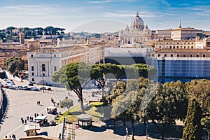 Rome city skyline with St. Peter`s Basilica in the Vatican visib