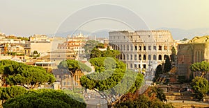 Rome cityscape skyline with landmarks of the Ancient Rome: Coliseum and Roman Forum famous travel destinations of Italy