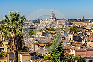 Rome cityscape with St. Peter\'s basilica in Vatican seen from Pincian hill, Italy