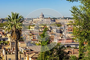 Rome cityscape with St. Peter`s basilica in Vatican seen from Pincian hill, Italy