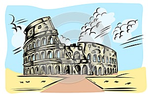 Rome coliseum hand drawn on sky background icon photo