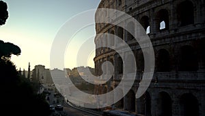 Rome Colosseum and crowded street of Rome , Italy