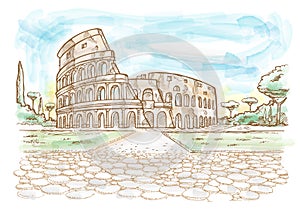 Rome Colosseum hand drawn watercolor