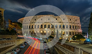 Rome, Colosseum side view at night, Italy