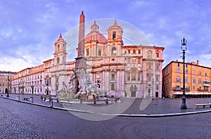 Rome. Empty Piazza Navona square fountains and church view in Rome