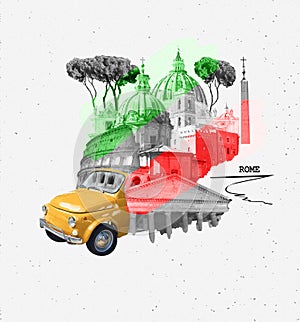 Rome famous landmarks collage. The modern art design from best views of Rome, Italy, Europe.