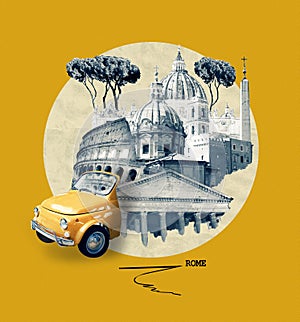 Rome famous landmarks collage. The modern art design from best views of Rome, Italy, Europe.