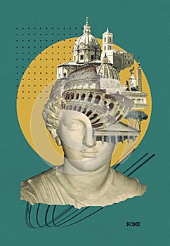 Rome famous landmarks collage. The modern art design from best views of Rome, Italy, Europe.