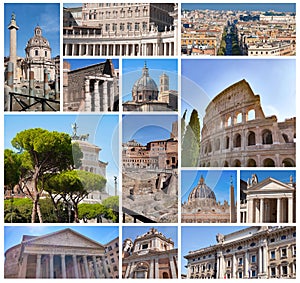 Rome famous landmarks collage. The set from best views of Rome, Italy, Europe.