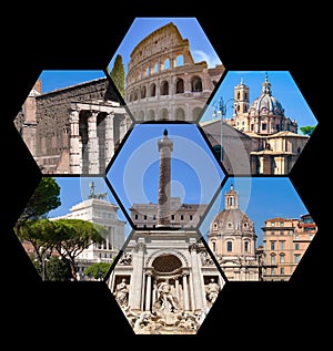 Rome famous landmarks collage. The set from best views of Rome, Italy, Europe.