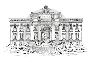 Rome, fountain Trevi. Roman classic architecture. Sketch. Hand drawing, sketch illustration