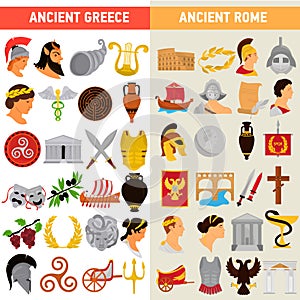 Rome and Greece great civilizations color flat icons set