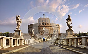 Rome, Hadrian`s Mausoleum known as Castel Sant`Angelo. Panoramic view from Ponte Sant`Angelo