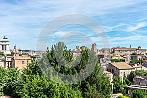 Rome, Italy - 24 June 2018: The cityscape skyline of Rome viewed from Palatine hill,Roman Forum, Tomb of unknown soldier