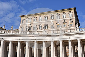 Rome, Italy - 27 Nov, 2022: Balconies of the papal apartments in St Peters Square, Vatican City