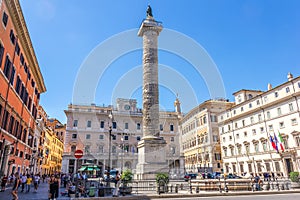 Rome/Italy - August 27, 2018: The Column of Marcus Aurelius in Piazza Colonna