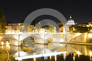 Rome, Italy, Basilica di San Pietro and Sant Angelo bridge at night