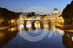 Rome, Italy, Basilica di San Pietro and Sant Angelo bridge at night