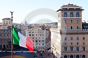 Rome, Italy. View of  Italian national flag and Piazza Venezia. Vittoriano, Rome