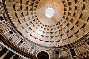 Rome, Italy. Close View Ceiling Inside Of Pantheon
