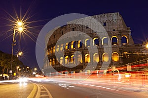 Rome, italy, colosseum old ancient building gladiator battle at night