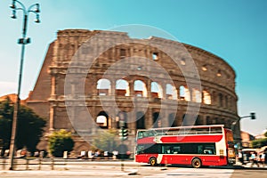 Rome, Italy. Colosseum. Red Hop On Hop Off Touristic Bus For Sightseeing In Street Near Flavian Amphitheatre. Famous