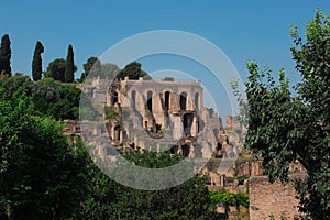 Rome, Italy - day view of ancient ruins inside Palatine Hill, the first nucleus of the Roman Empire. Famous landmark.