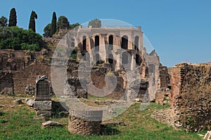 Rome, Italy - day view of ancient ruins inside Palatine Hill, the first nucleus of the Roman Empire. Famous landmark.