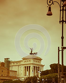 Rome, Italy, December 2018: Statue of winged victory with quadrigas on the monument dedicated to Vittorio Emanuele II in Rome