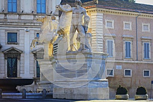 Rome, Italy - December 28, 2018: Obelisk and Fountain of Castor and Pollux in Piazza del Quirinale