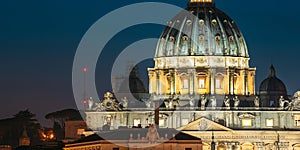 Rome, Italy. Dome Of Papal Basilica Of St. Peter In Vatican In Evening Night Illuminations