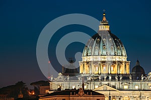 Rome, Italy. Dome Of Papal Basilica Of St. Peter In Vatican In Evening Night Illuminations