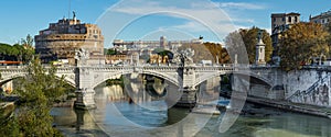Rome, Italy - view of a bridge over Tiber river and of the Mausoleum of Hadrian, usually known as Castel Sant`Angelo