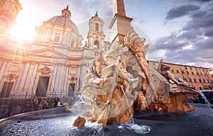 Rome. Italy. The Fountain of Four Rivers in Piazza Navona square