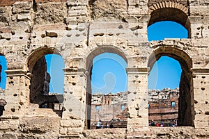 ROME, Italy: Great Roman Colosseum Coliseum, Colosseo also known as the Flavian Amphitheatre. Famous world landmark. Detail of t