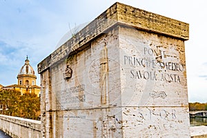 Rome, Italy. Inscription on entry to Ponte Principe Amedeo Savoia Aosta/ PASA bridge.