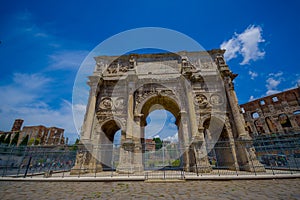 ROME, ITALY - JUNE 13, 2015: Constantine arch at Rome, this monument is located between the coliseum and palatine