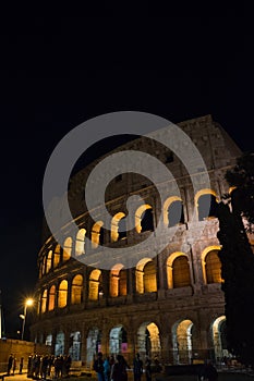 Rome, Italy - 24 June 2018: Night at the Great Roman Colosseum (Coliseum, Colosseo), also known as the Flavian Amphitheatre with