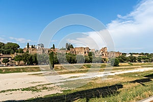 Panoramic view of ruins of Circus Maximus in city of Rome, Italy